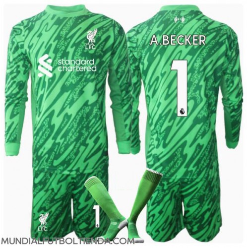 Camiseta Liverpool Alisson Becker #1 Portero Segunda Equipación Replica 2024-25 para niños mangas largas (+ Pantalones cortos)